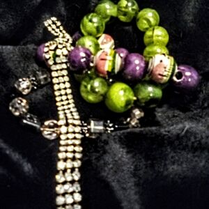 Elegant Green and Purple Beaded Bracelet Set